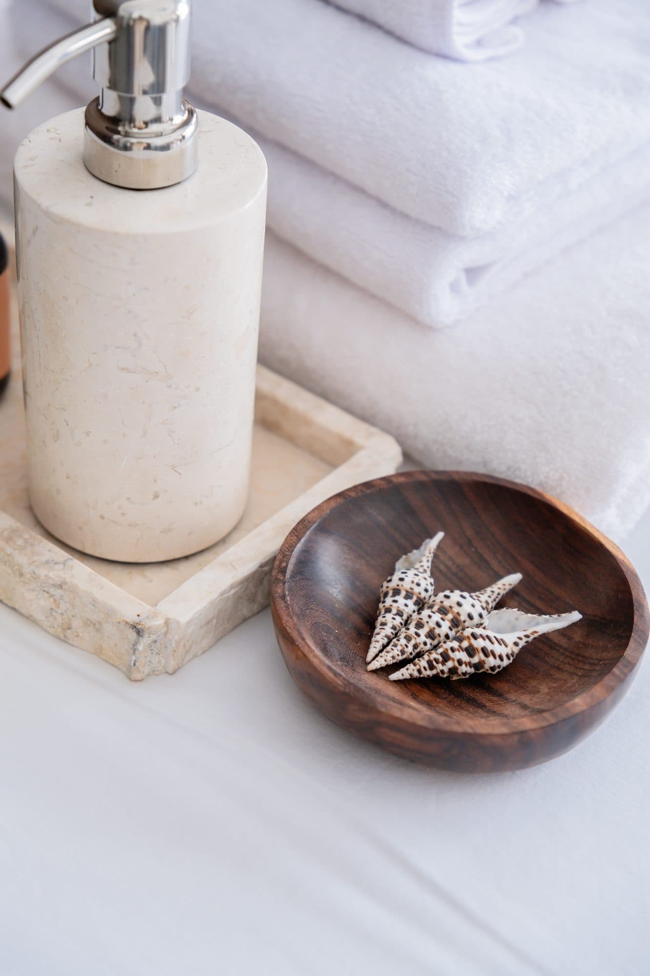 Folded towels, a stone soap dispenser and a shell dish at Riviera Spa in Ubud